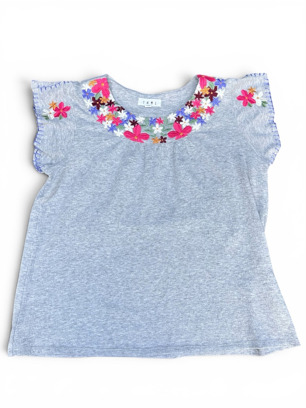 THML Light Gray Shirt with Bright Floral Embroidery & Stitching